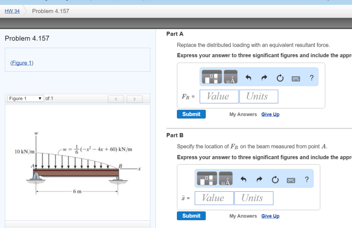 Replace the distributed loading by an equivalent resultant